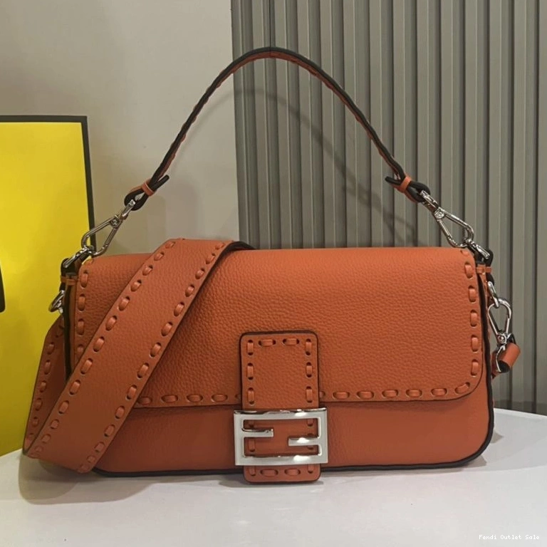 Leather Fendi Orange In Cuoio Bag Selleria Romano Medium Baguette 0714